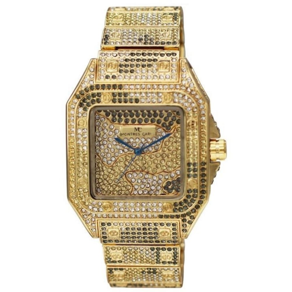 54mm Montres Carlo Men's Rapper Hip Hop Luxury Gold Black Stones Clubbing Watch